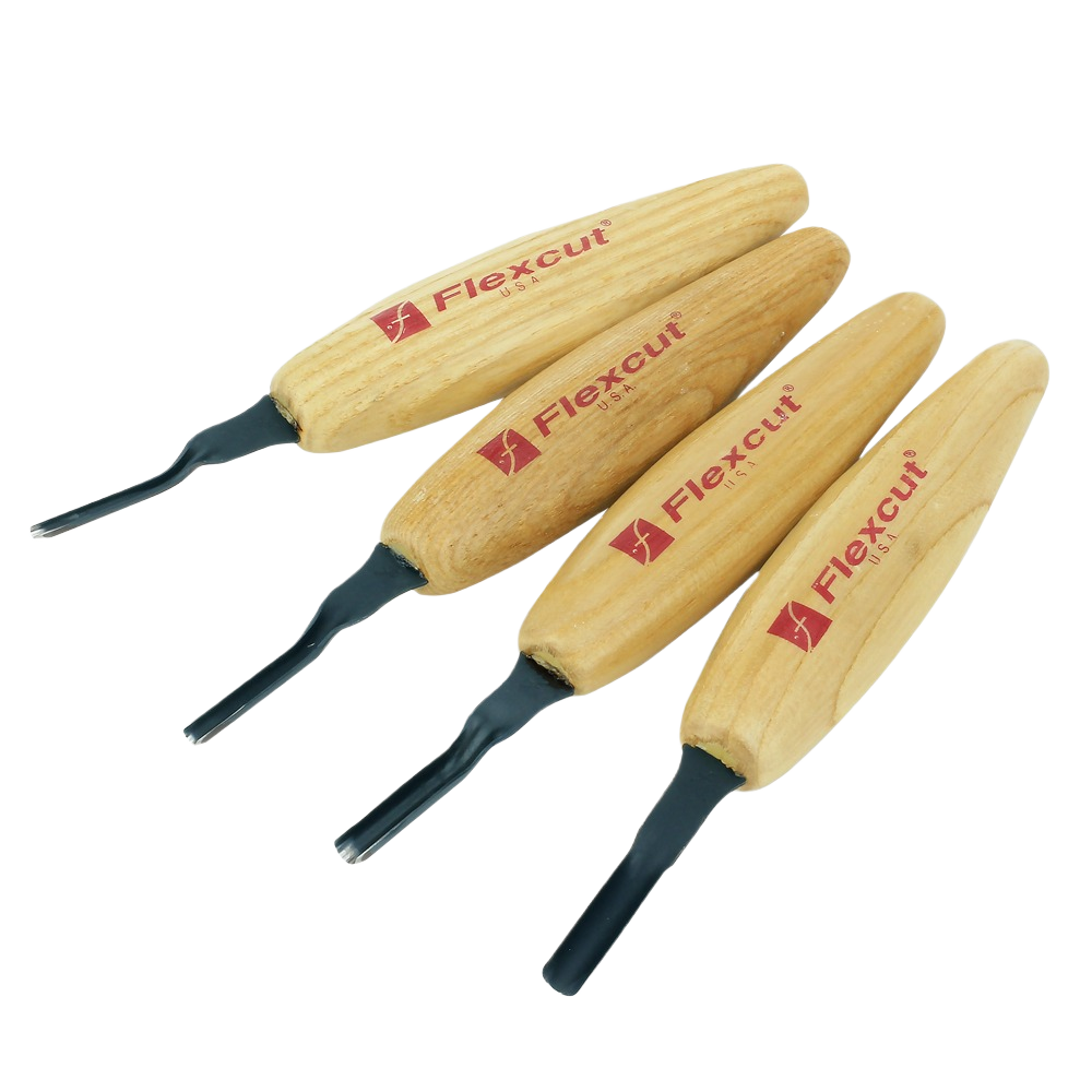 Set of four wooden-handled deep U-gouge carving tools for precision woodwork and home improvement tasks