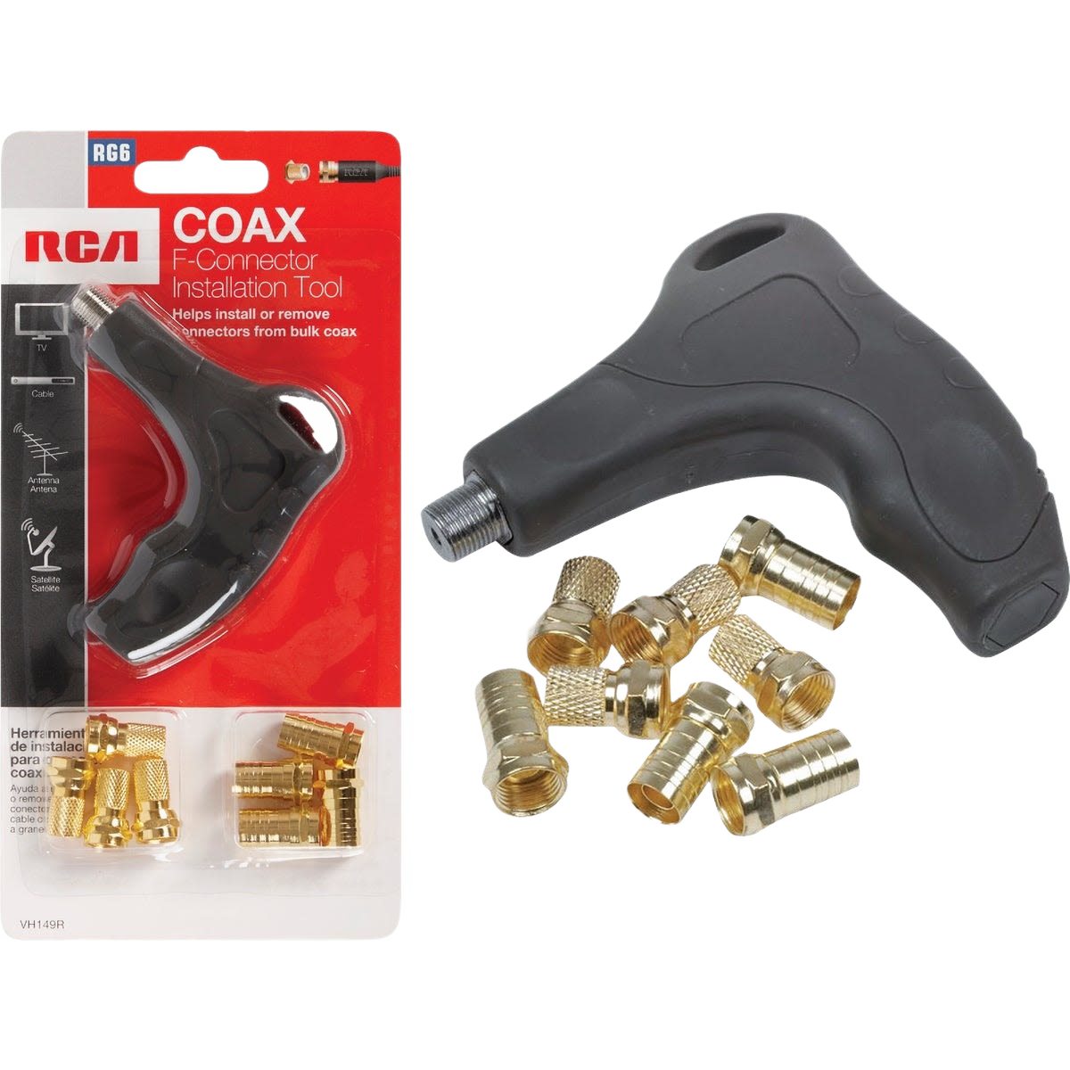 Black plastic installation tool with molded grip and gold connectors for coax cable fittings in home improvement tasks