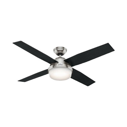 Brushed nickel ceiling fan with integrated light and black blades for indoor ceiling fans and home decor collections