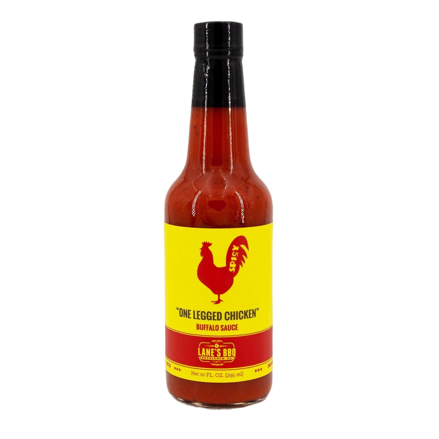 Bottle of Lane's One Legged Chicken Buffalo Sauce with bright yellow and red label in grilling sauces collection