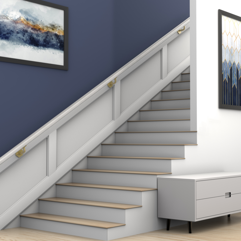 Brushed gold handrail brackets securing wooden railing along staircase in home improvement and shelving accessories collection
