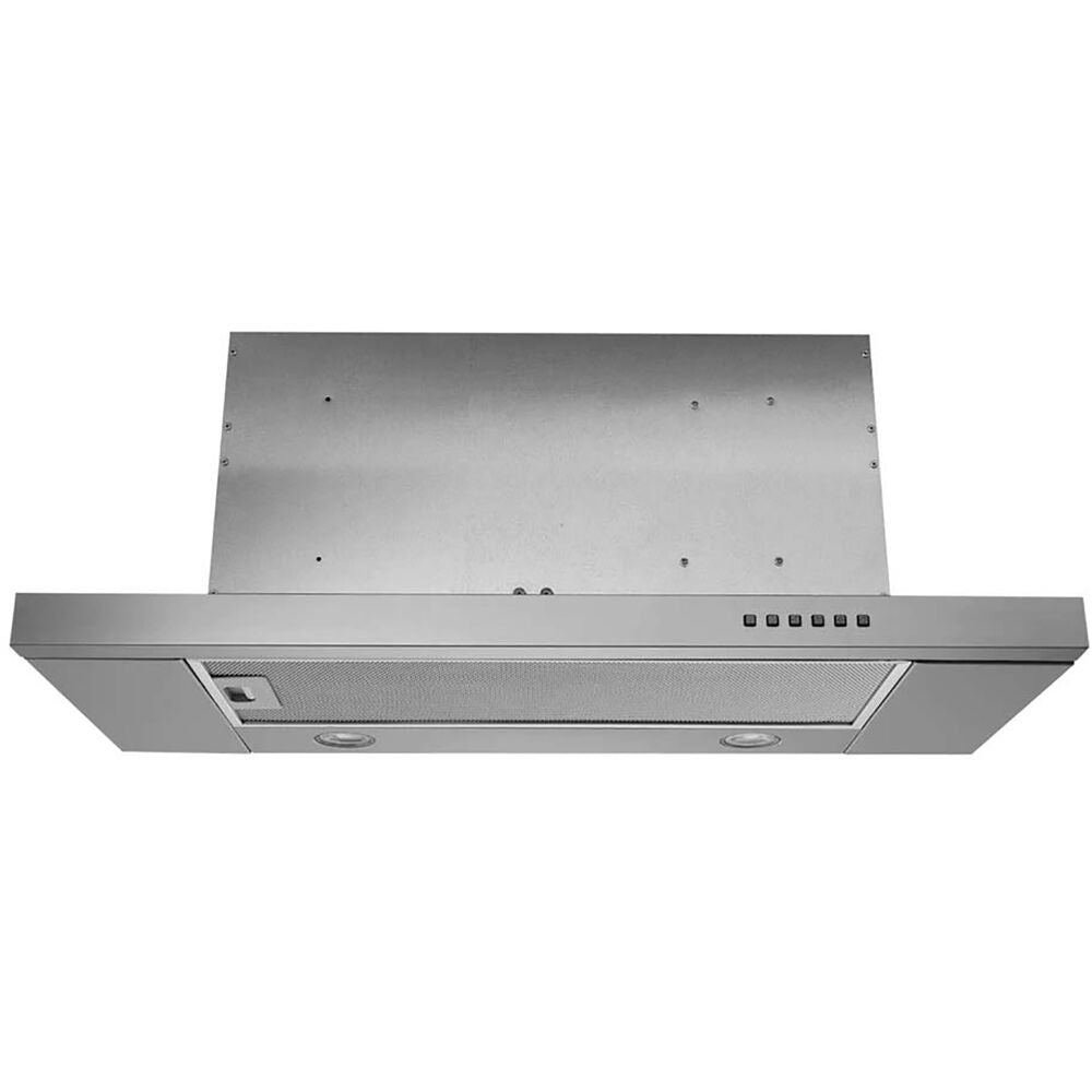stainless steel slide-out range hood with push button controls and dual lights for kitchen ventilation and air quality
