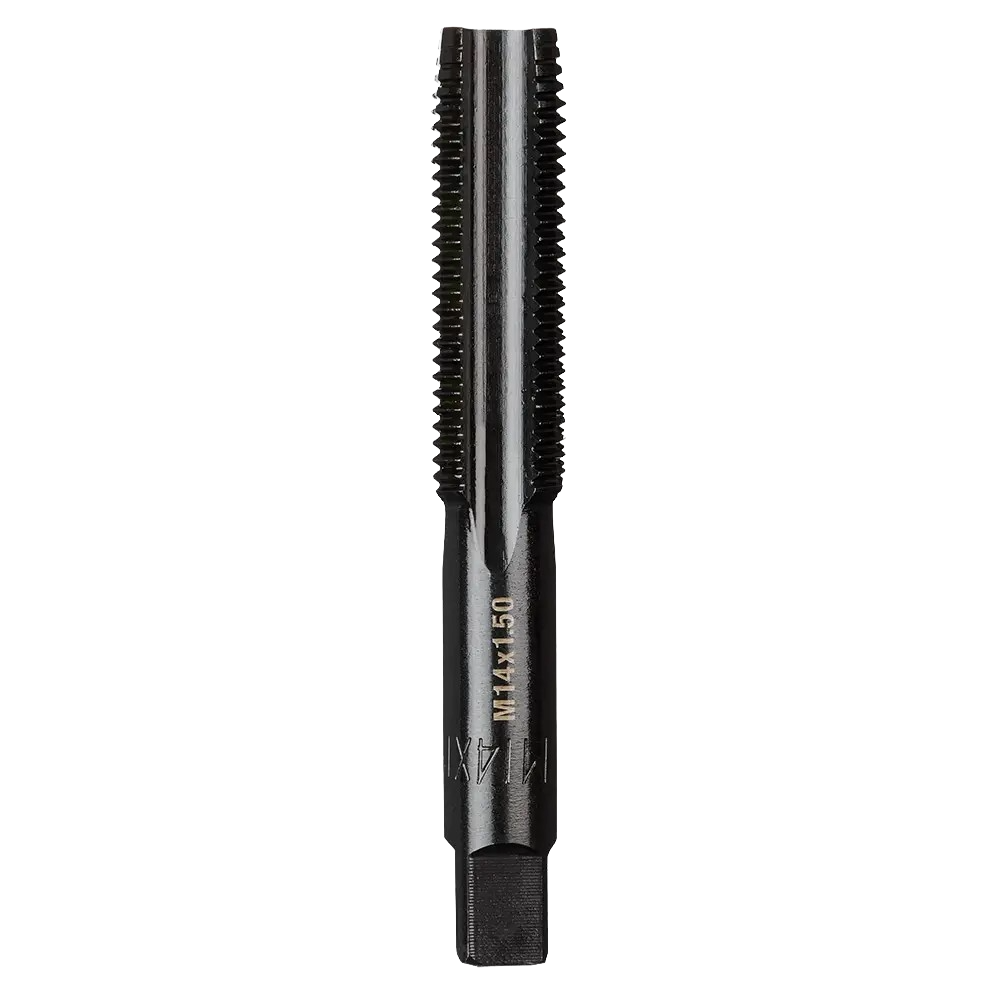 Black metal straight flute plug tap tool with engraved size markings for threading in home improvement tasks