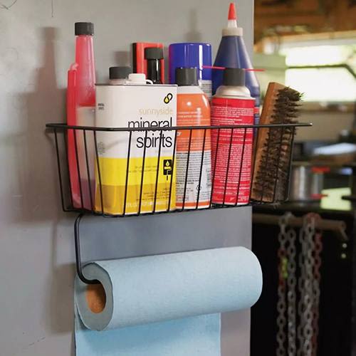 Black magnetic basket with towel holder storing cleaning supplies for garage or workshop organization under $50 collections