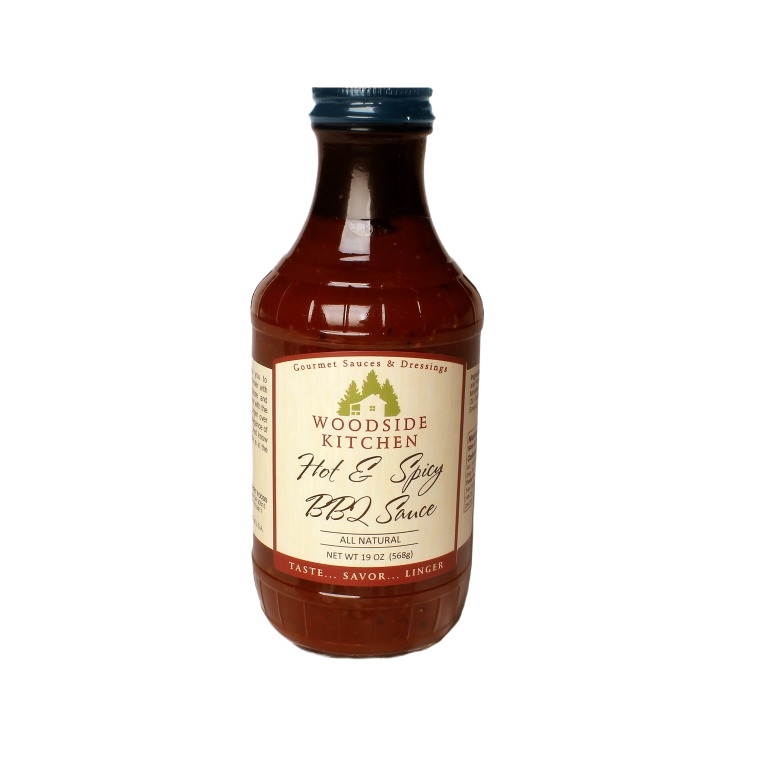 Bottle of Woodside Kitchen hot and spicy BBQ sauce in food and beverage grilling sauces collection