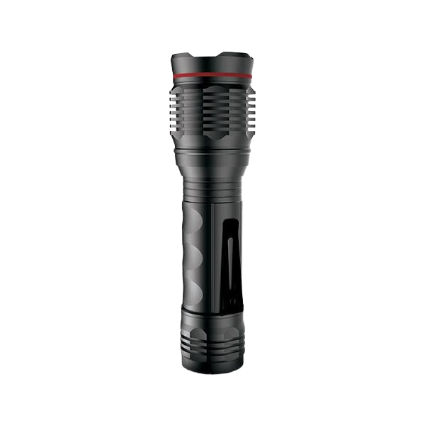 Black handheld LED flashlight with 500 lumens, 4x zoom, and advanced optics for versatile woodworking and home improvement tasks