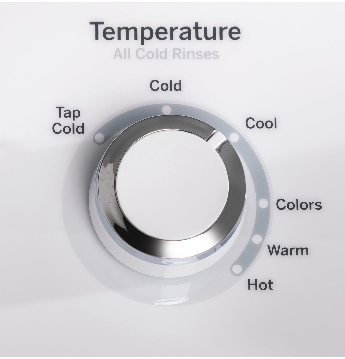 Close-up of washer temperature control knob with settings from tap cold to hot in top load washers and appliances collection