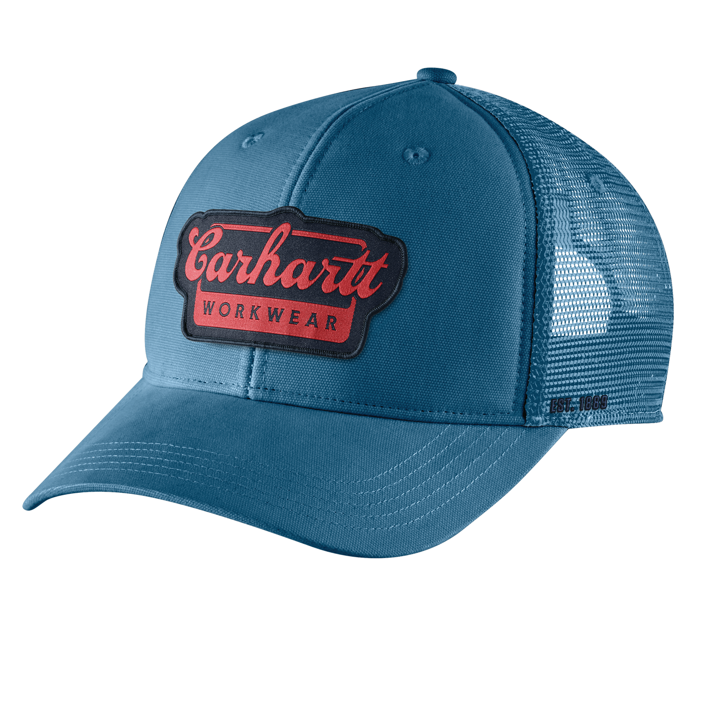 Blue rugged flex twill cap with breathable mesh back panels and a red script patch on front, designed for men's casual and workwear accessories.