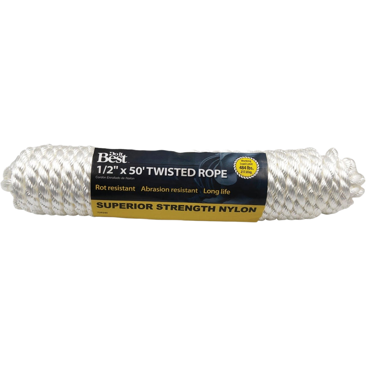 White twisted nylon rope coil with packaging highlighting durability for home improvement and utility tasks