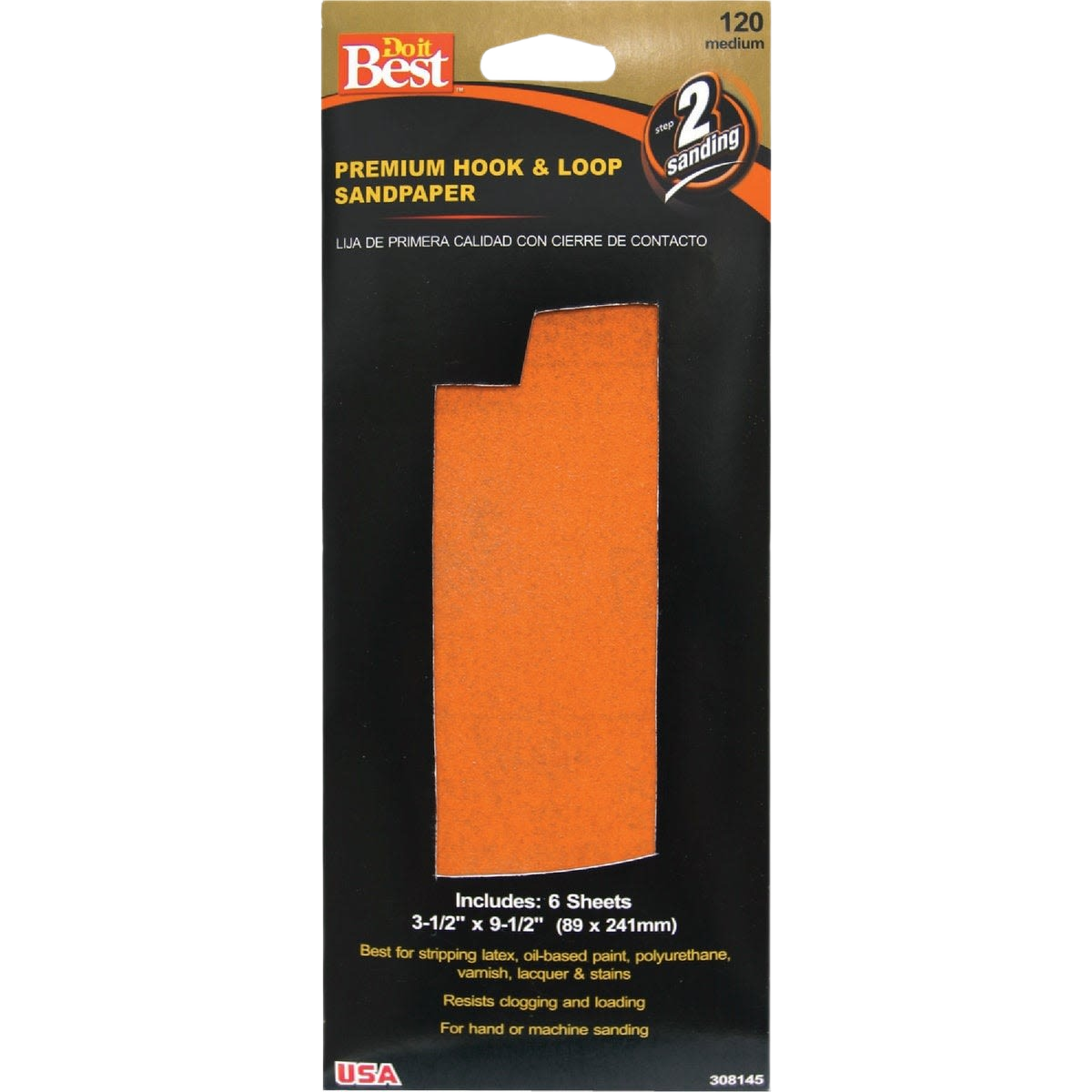 Package of six 120-grit medium hook and loop sandpaper sheets for hand or machine use in home improvement projects