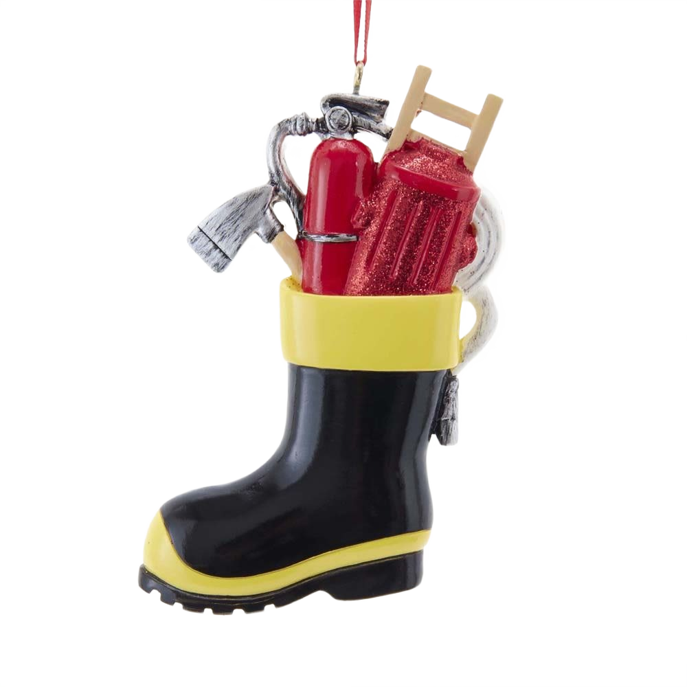 Firefighter boot ornament with personalized tools including axe, ladder, and fire extinguisher for Christmas tree decoration under $50