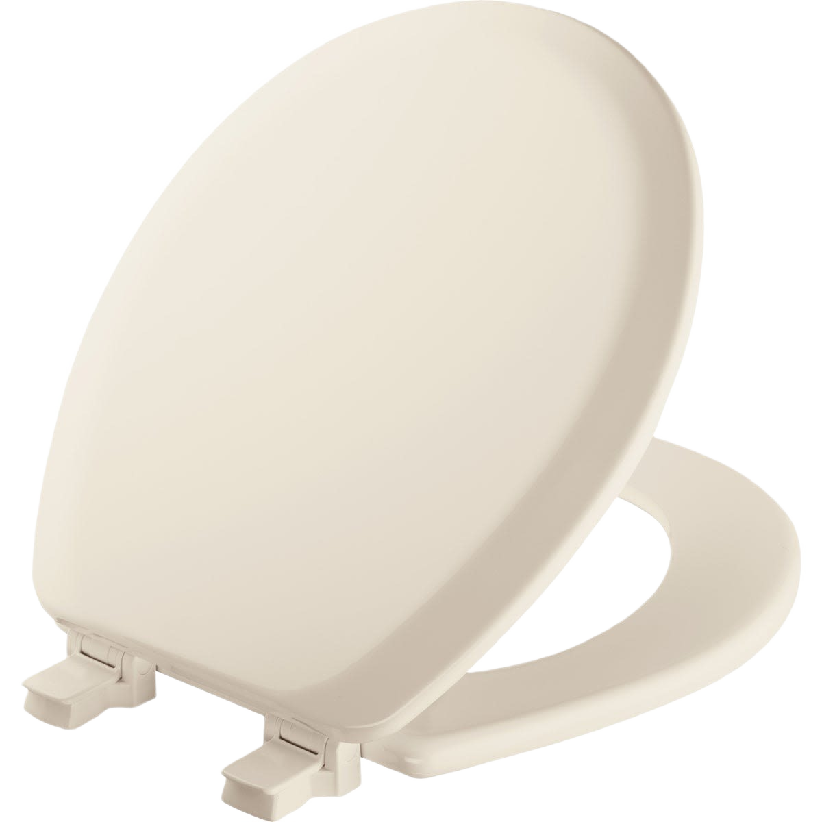 Round biscuit toilet seat with closed lid in light beige designed for bathroom home improvement upgrades