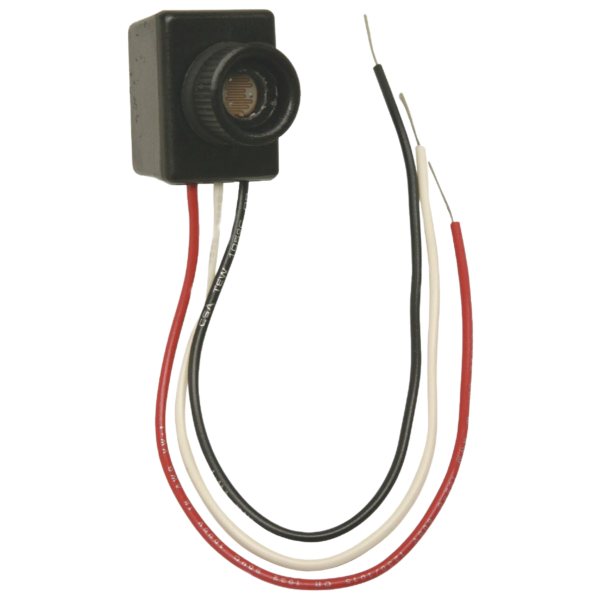 Compact photocell control with adjustable sensor and multi-colored wires for outdoor lighting and home improvement tasks