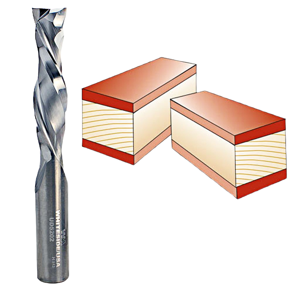 Spiral up/downcut router bit next to illustration of two smooth wood joint pieces for woodworking tools and accessories