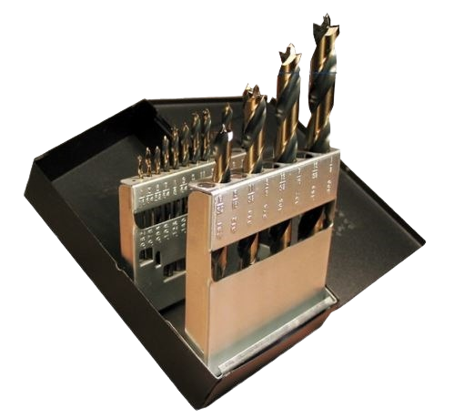 Set of metal jobber length brad point drills with burrout design, displayed in a black stand for tool accessories collections under $100