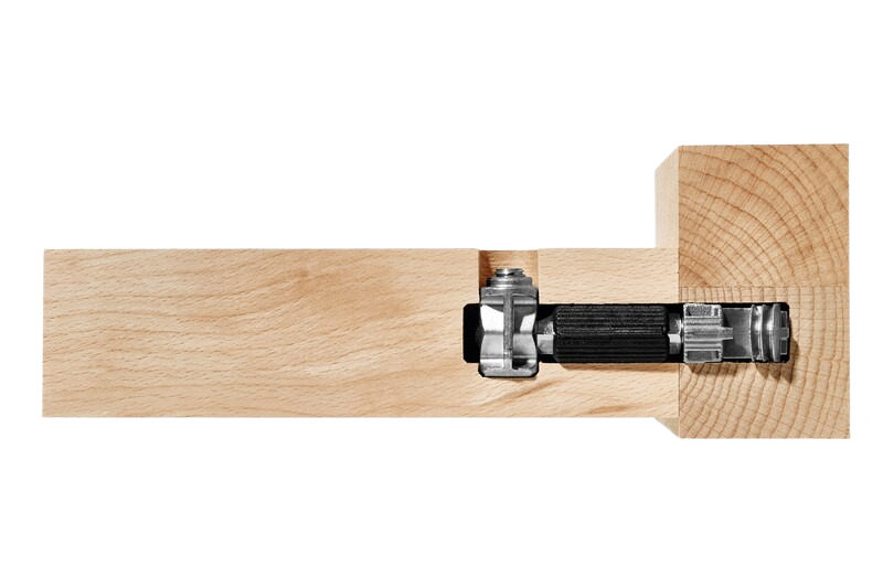 Close-up of Festool woodworking anchor bolt securing two wooden boards for precise joinery in power tool accessories and home improvement