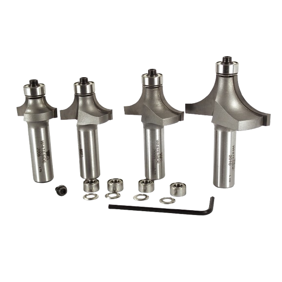 Set of four carbide-tipped roundover and beading router bits with bearings and wrench in tool accessories and drill bits collection