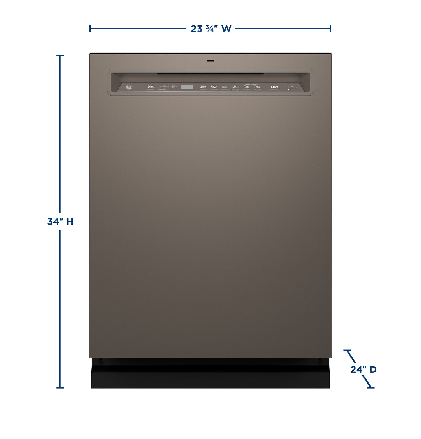 Front view of stainless steel front control dishwasher with dimensions for kitchen and appliance installation guidance