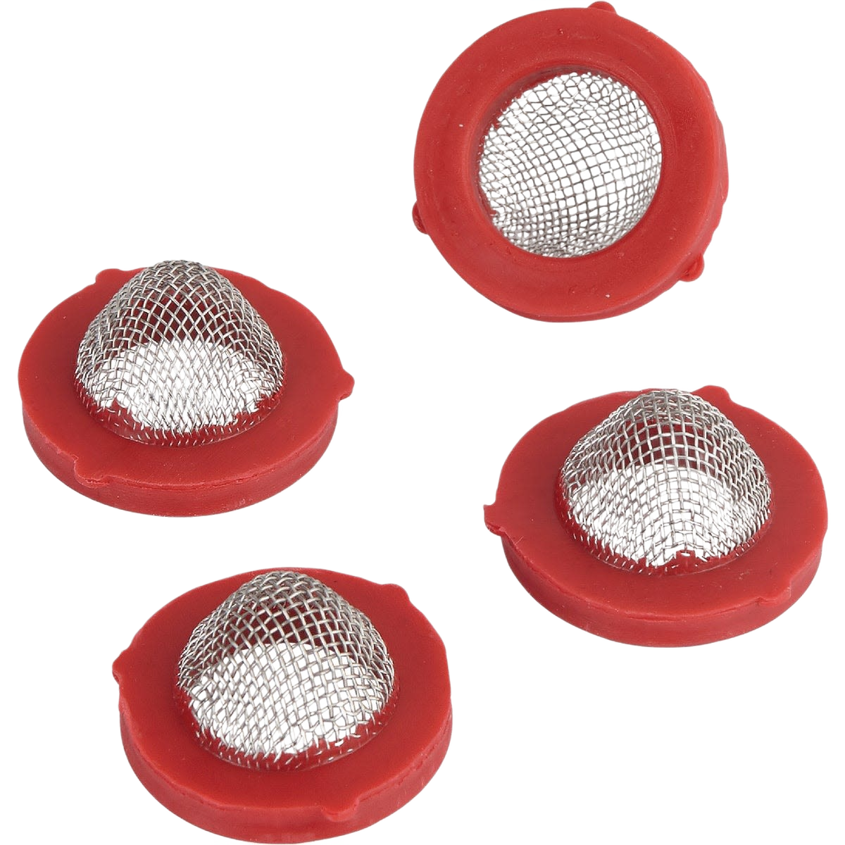 Set of four red rubber garden hose washers with integrated fine metal mesh filters for home improvement use