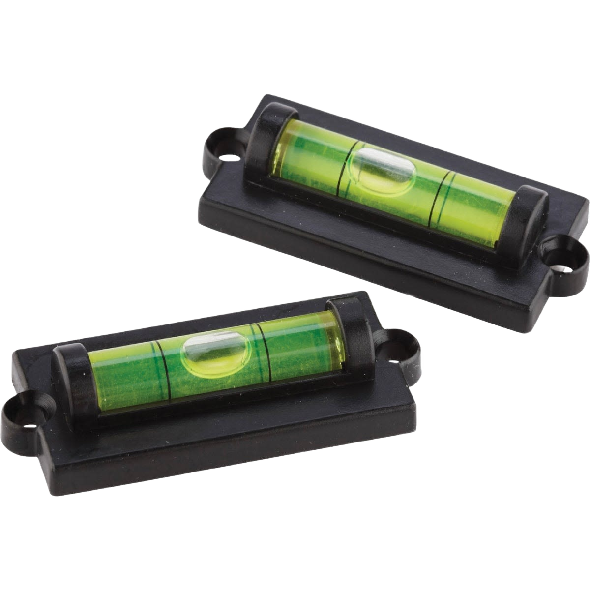 Pair of black plastic bubble levels with green liquid vials for accurate leveling in home improvement projects