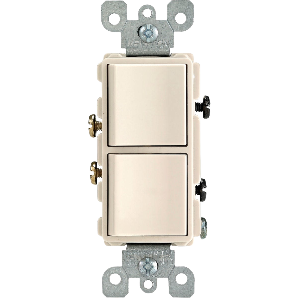 Almond-colored duplex electrical switch with metal mounting bracket for tools and home improvement use