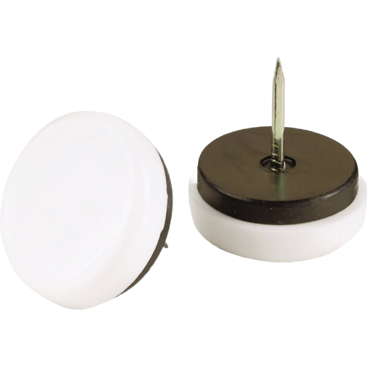 Round white nylon nail-on glides with a metal nail for furniture protection in home improvement projects