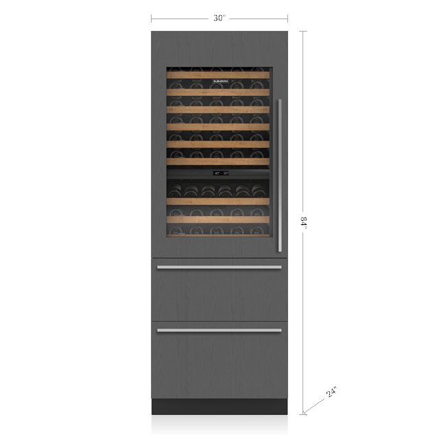 Tall gray wine storage unit with glass door and refrigerator drawers for kitchen and appliance collections