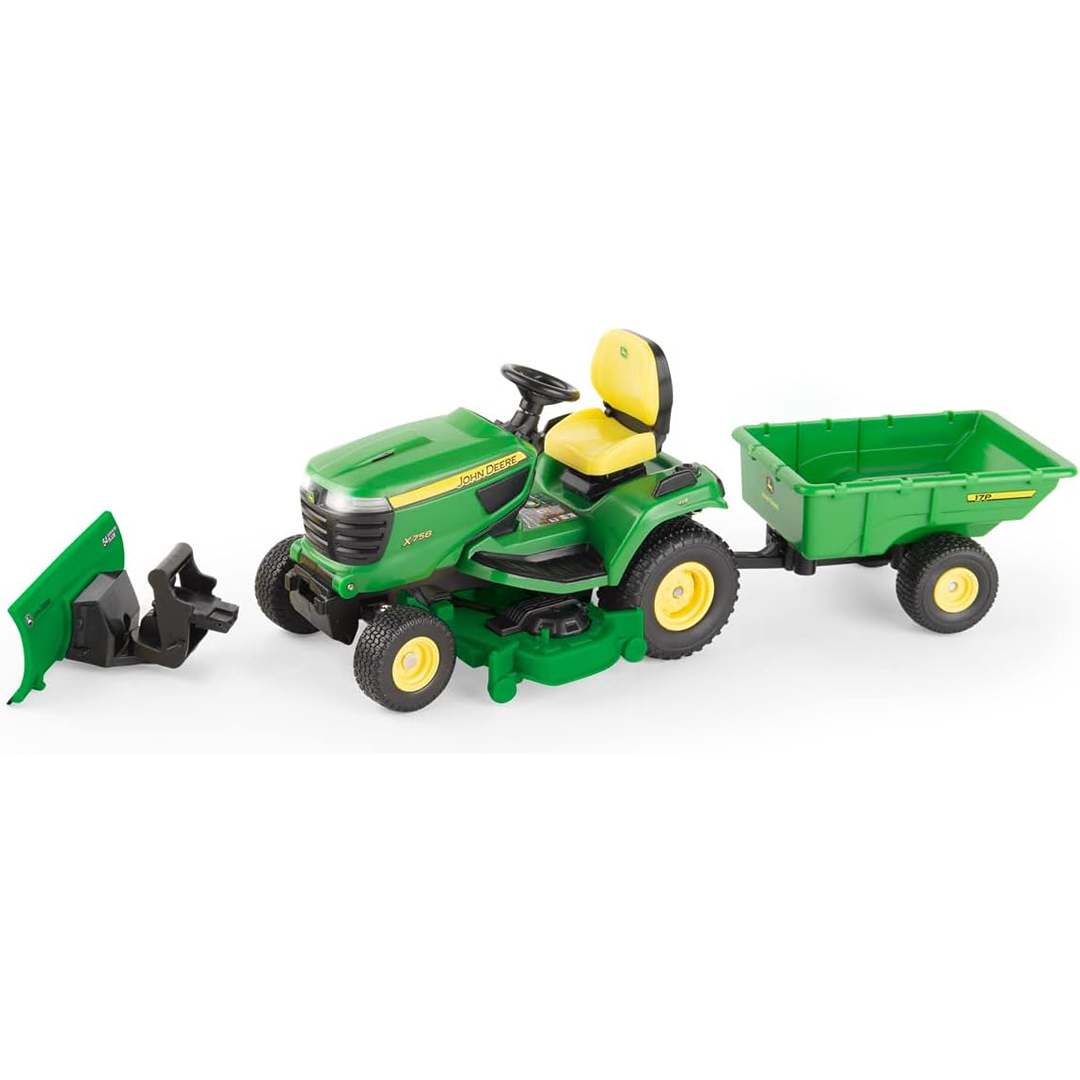 Green and yellow 1:16 scale John Deere lawn tractor toy with detachable trailer for Vehicles & Remote Controlled Toys collection
