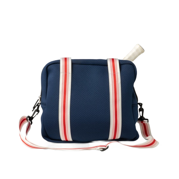 Navy ventilated neoprene tote with red and white striped handles plus zippered racquet compartment in Accessories and Bags & Wallets