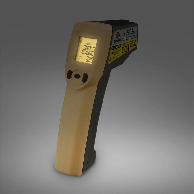 Yellow and black infrared thermometer with digital display showing temperature for home improvement and grilling use