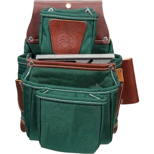 Green and brown leather fastener bag with multiple compartments for tool storage and woodworking organization