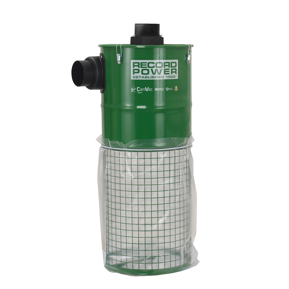 Green metal wall-mount dust collection interceptor with wire frame bag holder for tools and home improvement tasks