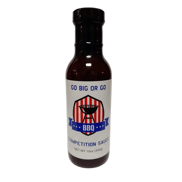 Bottle of Go Big or Go BBQ Competition Sauce with red, white, and blue label in grilling sauces and spices collection