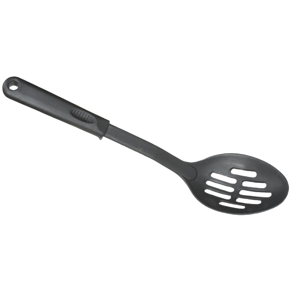 Black nylon slotted cooking spoon with ergonomic handle for kitchenware, utensils, and cooking gadget collections under $50