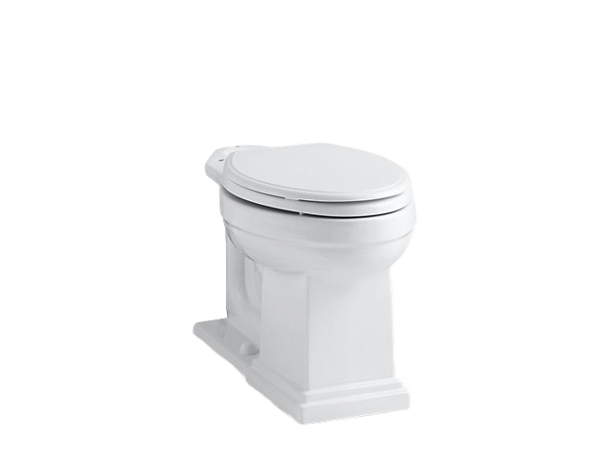 White elongated comfort height toilet bowl designed for home improvement and bathroom installation projects