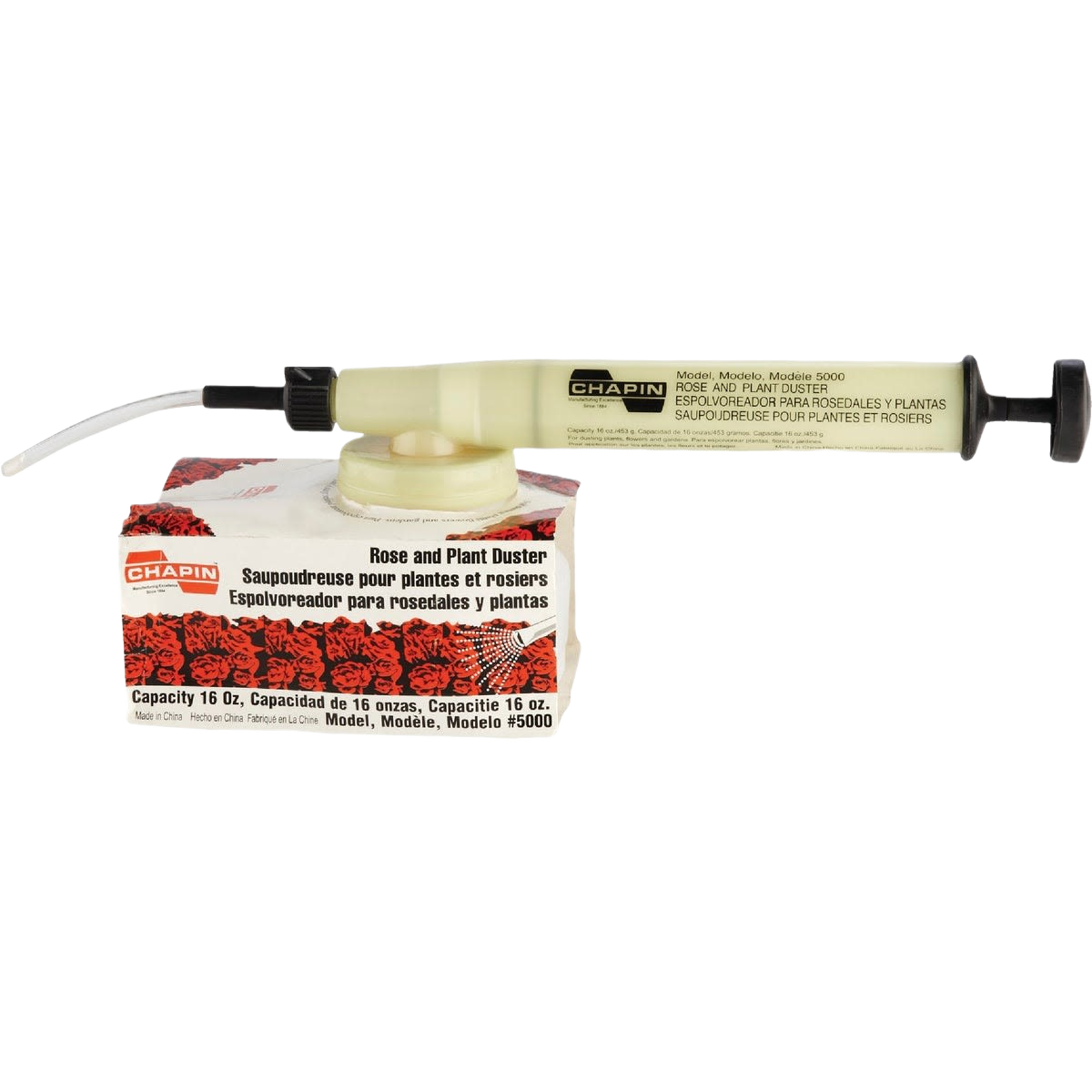 Hand-operated plant duster with beige reservoir and black nozzle for home improvement and gardening use