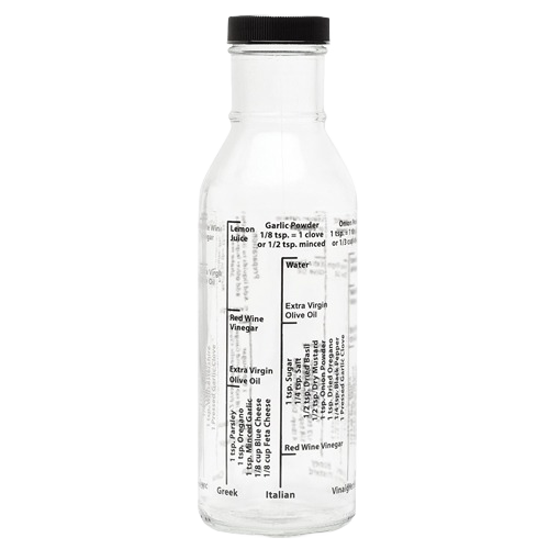 Clear glass dressing bottle with black lid and printed classic recipe measurements for kitchen storage and organization under $50