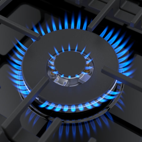 Close-up of a black gas burner ignited with blue flame on a 30-inch cooktop for kitchen improvement and cooking tasks