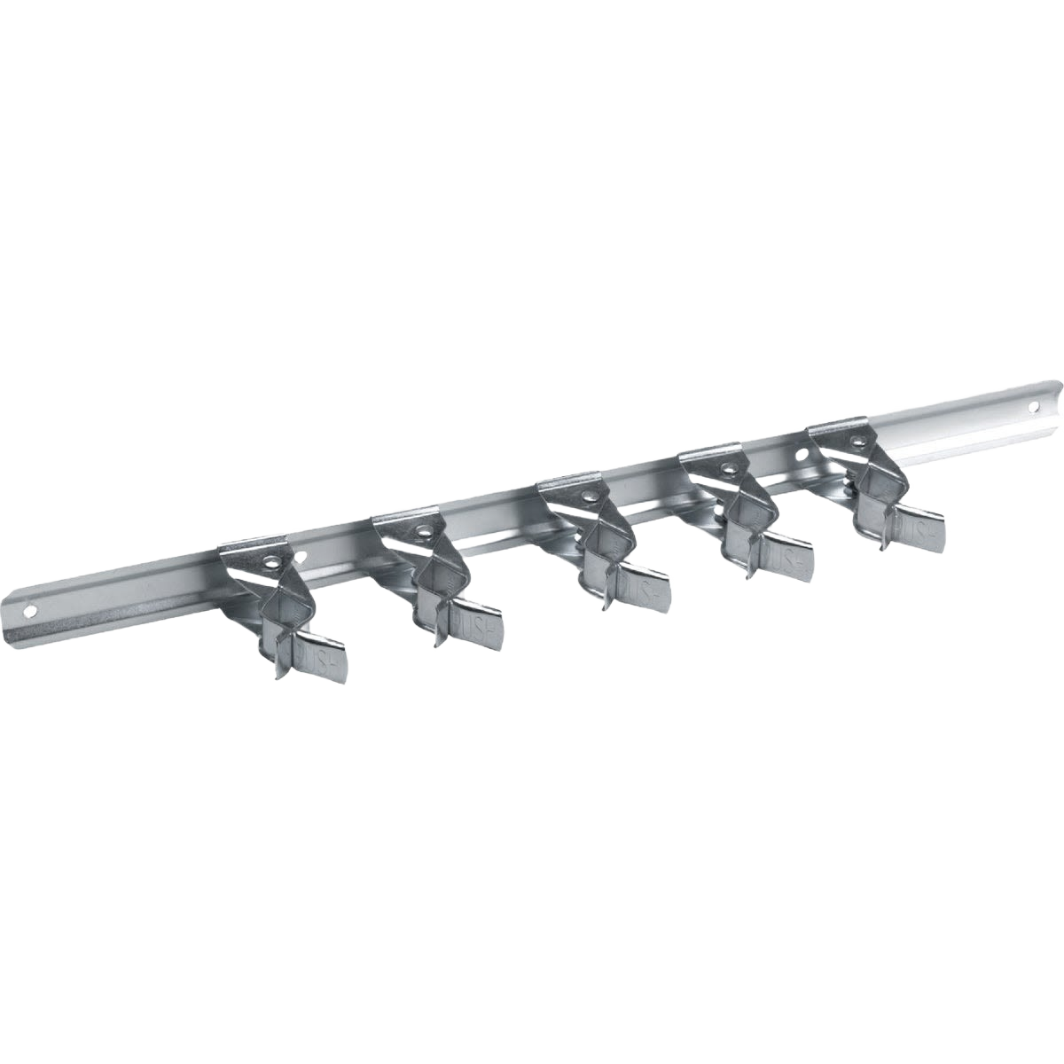 Metal organizer rack with five zinc spring clips for holding tools and home improvement items securely