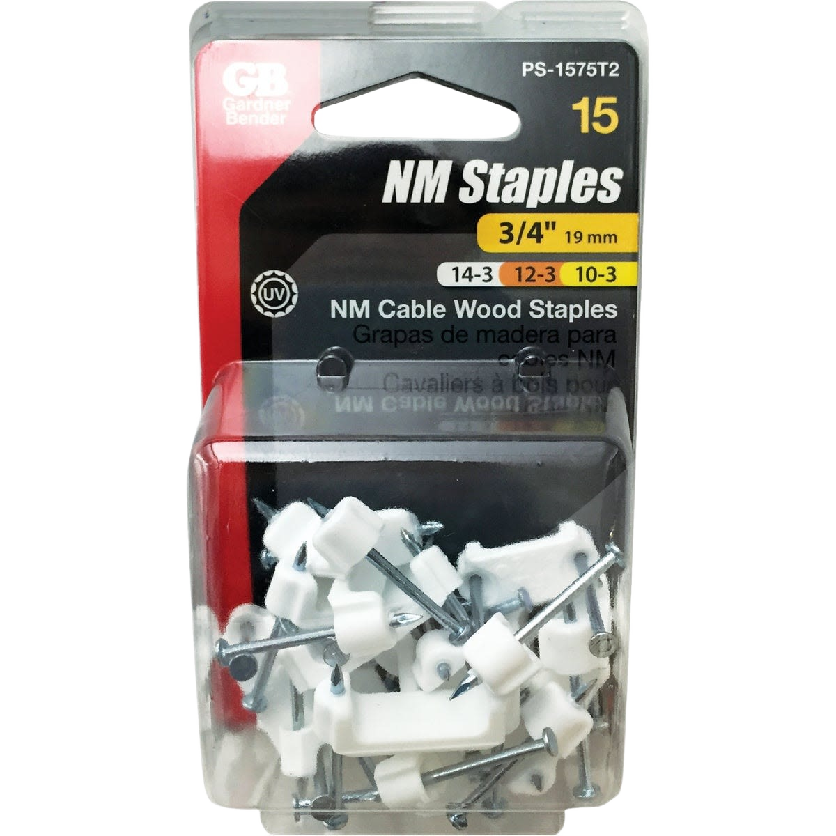 Clear plastic container with 15 white UV-resistant poly cable staples for home improvement and electrical tool use