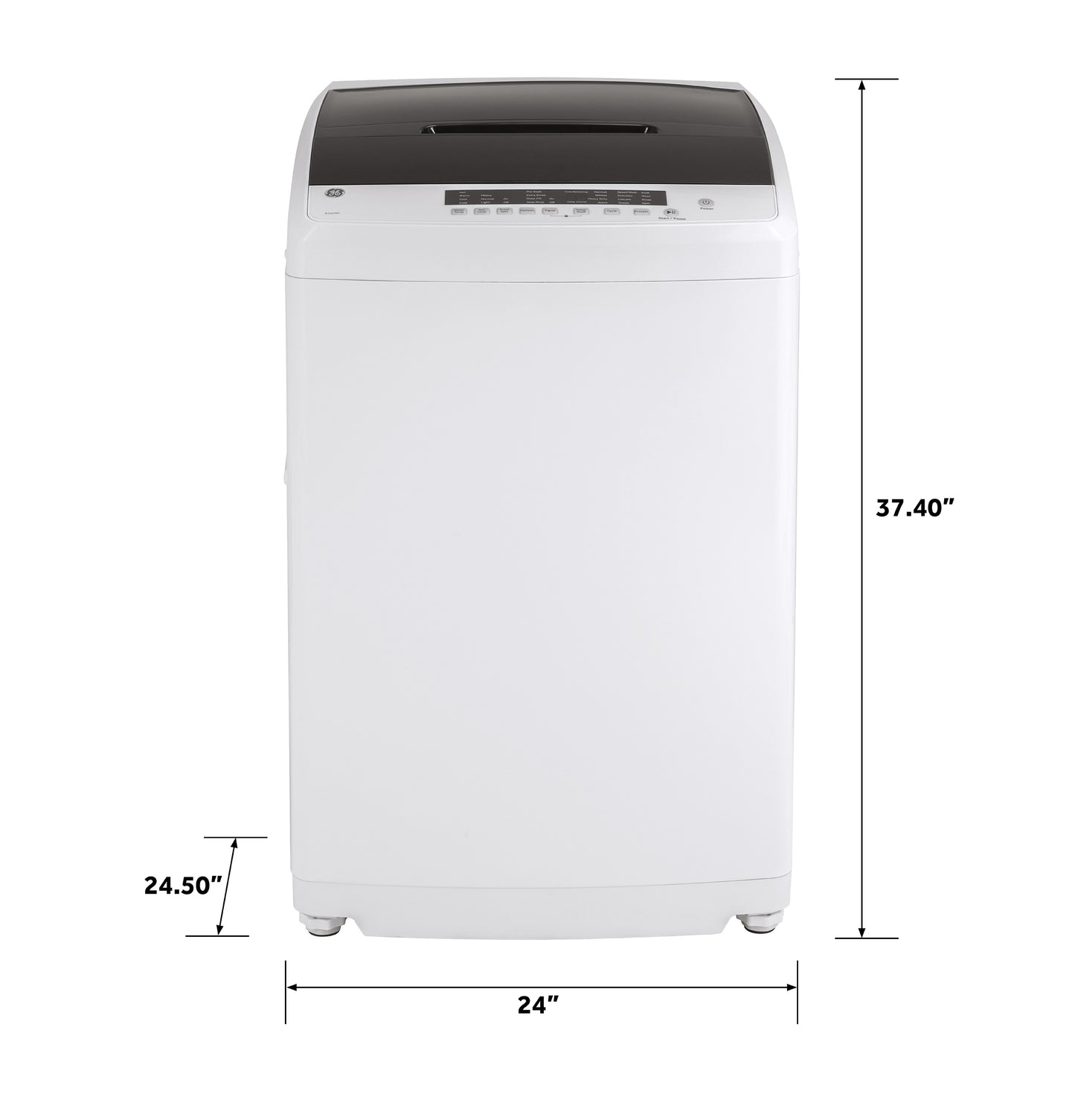 Front view of a white top load washer with digital controls and space-saving compact dimensions for home appliances.