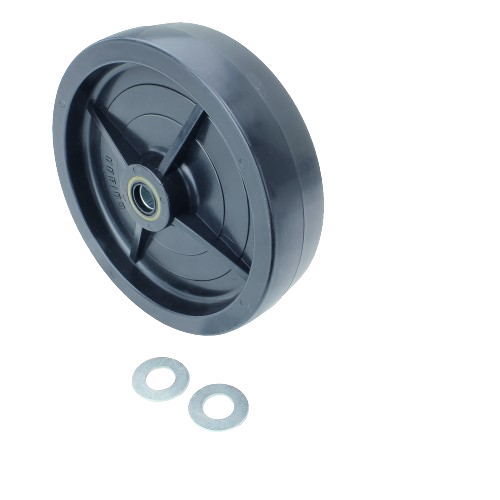 Black plastic mower deck gauge wheel with metal bearings and two flat metal washers for lawn equipment maintenance