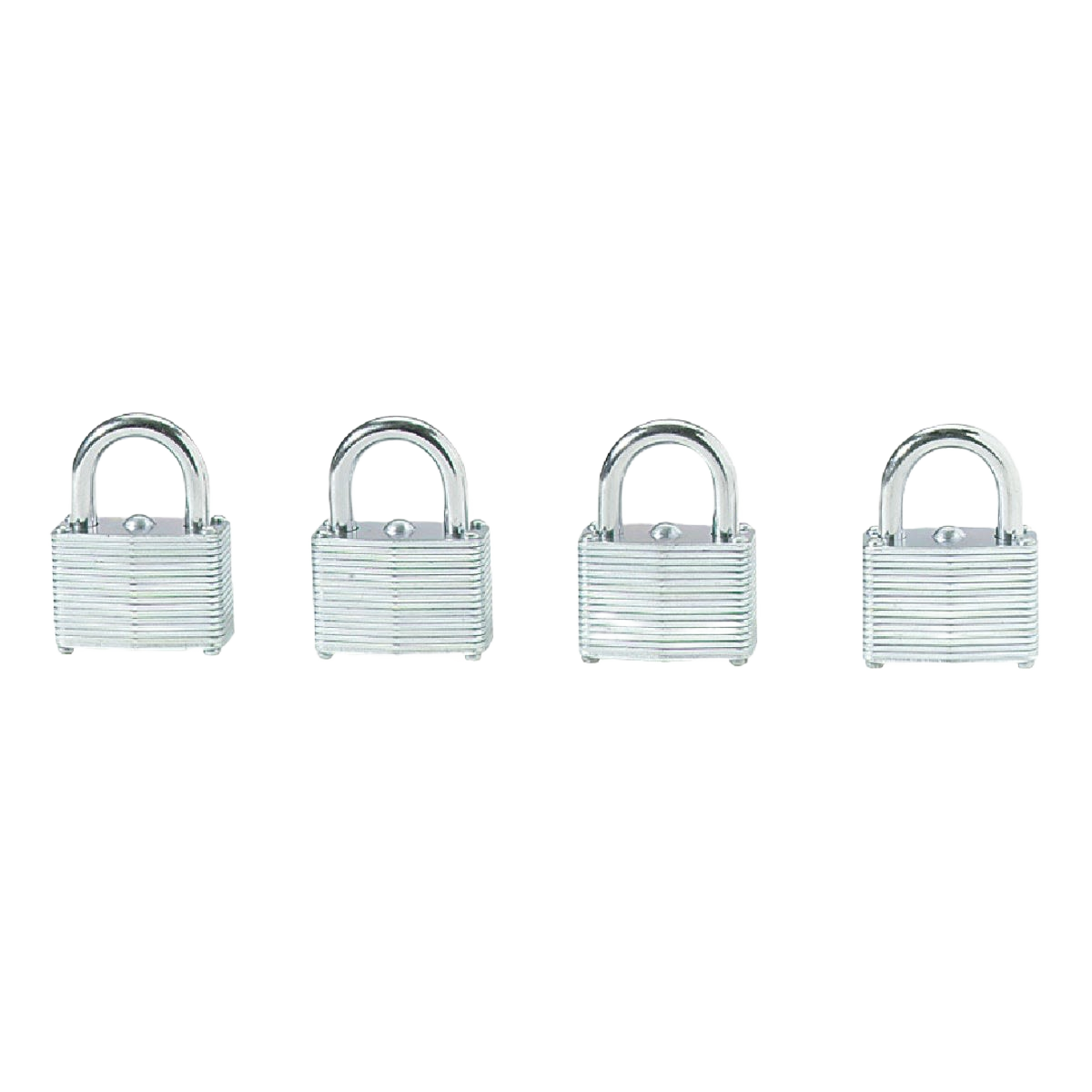 Set of four silver-toned warded steel keyed padlocks designed for home improvement and security use