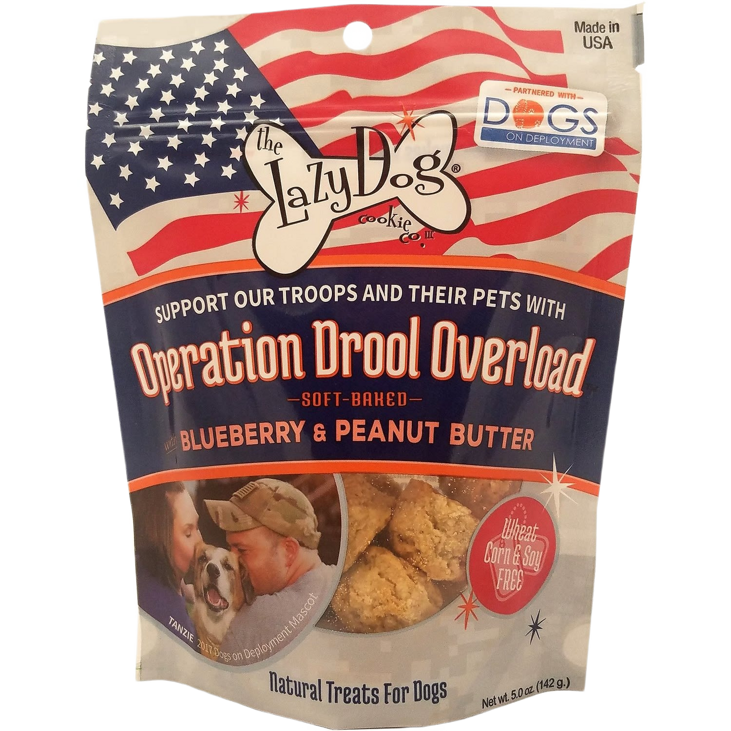 Soft-baked blueberry and peanut butter dog treats in patriotic packaging for pet supplies and treats collection under $50