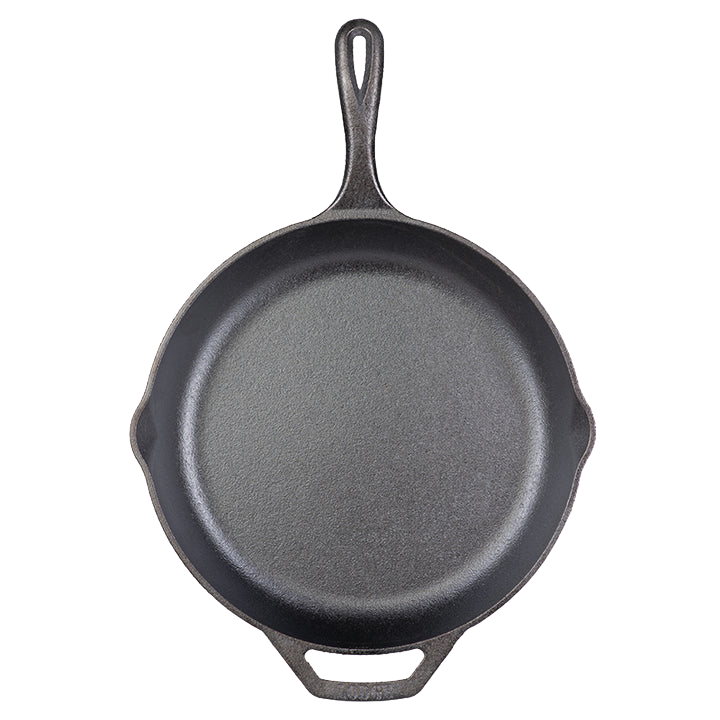 Round black cast iron skillet with long handle and helper grip from Kitchenware collection under $100.