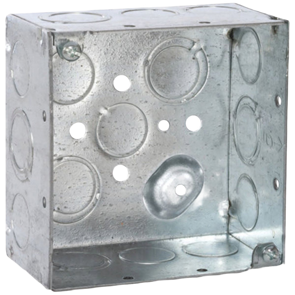 Galvanized steel electrical junction box with multiple knockouts for tools and home improvement use