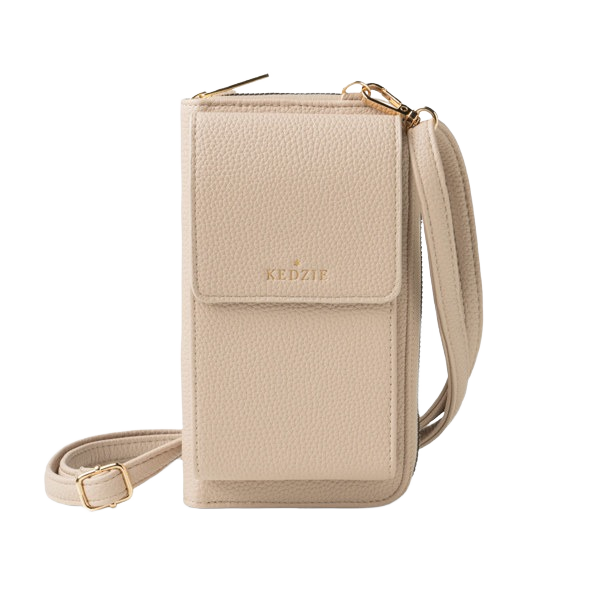 Beige pebbled vegan leather crossbody bag with front flap pocket, adjustable strap, and subtle gold logo, under $50 accessory