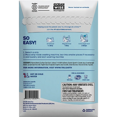 Back packaging of Tru Earth Eco-Strips detergent with usage steps and safety warnings for laundry and home care