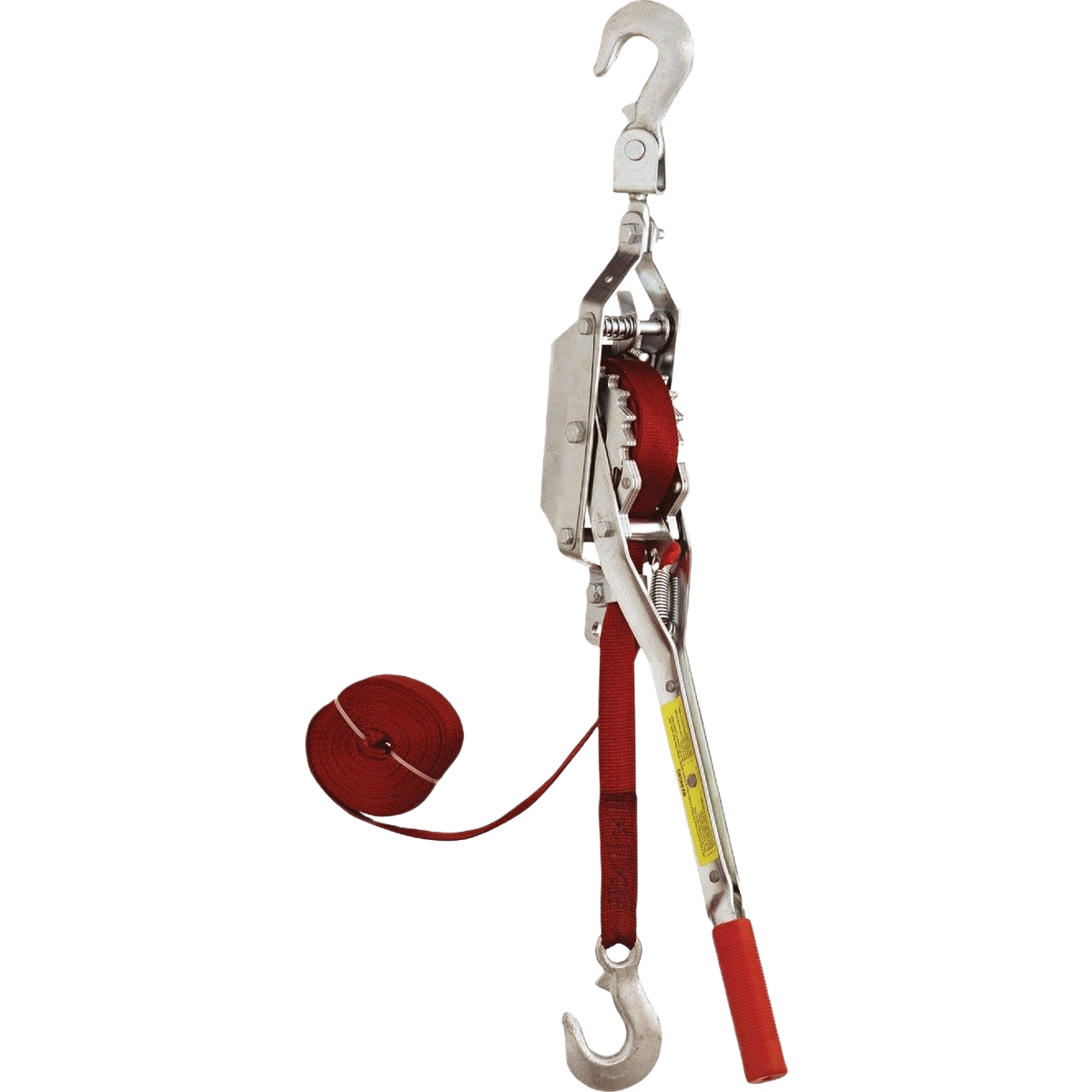 Double cable puller with metal frame, red strap, and hooks for heavy-duty lifting in home improvement tasks