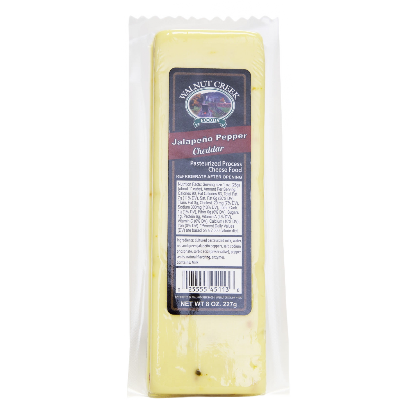 8 oz. block of jalapeno pepper cheddar cheese in clear packaging from Food & Beverage and Chips & Snacks collections